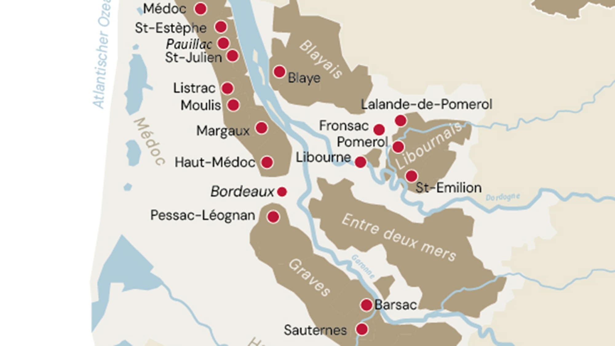Übersichtskarte der Appellationen von Bordeaux